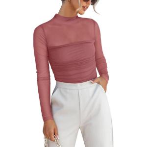 ANRABESS Womens Sexy Mesh Long Sleeve Shirts Trendy Mock Neck Sheer Ruched Going Out Tops Fall Slim Fit Blouses 2025(Dusty Pink)