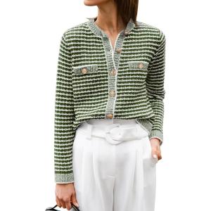 ANRABESS Women’s Striped Cardigan Sweaters Casual Long Sleeve Open Front Button Down Knit Cropped Jackets Fall Coat Outerwear(Stripe Army Green)