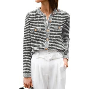 ANRABESS Women’s Striped Cardigan Sweaters Casual Long Sleeve Open Front Button Down Knit Cropped Jackets Fall Coat Outerwear(Stripe Grey)