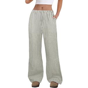 ANRABESS Women’s Striped Gingham Pants 2025 Fall Pajama Lounge Boxer Pants Casual Wide Leg Drawstring PJ Bottoms Trousers(Army Green White Plaid)