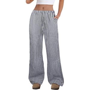 ANRABESS Women’s Striped Gingham Pants 2025 Fall Pajama Lounge Boxer Pants Casual Wide Leg Drawstring PJ Bottoms Trousers(Navy Blue White Plaid)
