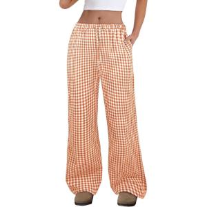 ANRABESS Women’s Striped Gingham Pants 2025 Fall Pajama Lounge Boxer Pants Casual Wide Leg Drawstring PJ Bottoms Trousers(Orange White Plaid)