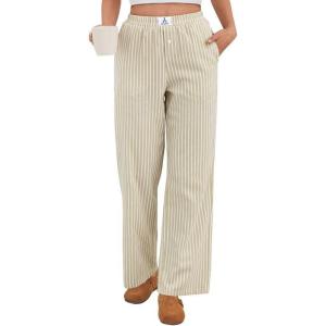 ANRABESS Womens Striped Gingham Pants 2025 Pajama Lounge Boxer Pants Cute Comfy PJ Bottoms with Pockets Y2K Plaid Outfits(Apricot White Wide Stripe)