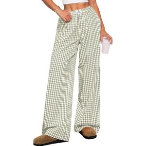 ANRABESS Womens Striped Gingham Pants 2025 Pajama Lounge Boxer Pants Cute Comfy PJ Bottoms with Pockets Y2K Plaid Outfits(Army Green White Plaid)
