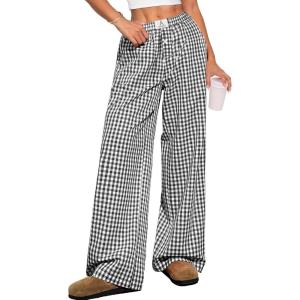 ANRABESS Womens Striped Gingham Pants 2025 Pajama Lounge Boxer Pants Cute Comfy PJ Bottoms with Pockets Y2K Plaid Outfits(Black White Plaid)