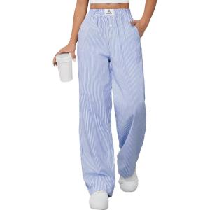 ANRABESS Womens Striped Gingham Pants 2025 Pajama Lounge Boxer Pants Cute Comfy PJ Bottoms with Pockets Y2K Plaid Outfits(Blue White Stripe)