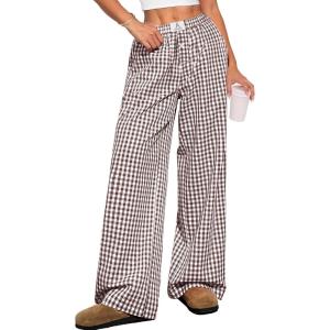 ANRABESS Womens Striped Gingham Pants 2025 Pajama Lounge Boxer Pants Cute Comfy PJ Bottoms with Pockets Y2K Plaid Outfits(Brown White Plaid)