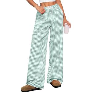 ANRABESS Womens Striped Gingham Pants 2025 Pajama Lounge Boxer Pants Cute Comfy PJ Bottoms with Pockets Y2K Plaid Outfits(Green White Plaid)
