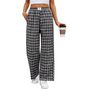 ANRABESS Womens Striped Gingham Pants 2025 Pajama Lounge Boxer Pants Cute Comfy PJ Bottoms with Pockets Y2K Plaid Outfits(Multi Black Plaid)