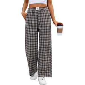 ANRABESS Womens Striped Gingham Pants 2025 Pajama Lounge Boxer Pants Cute Comfy PJ Bottoms with Pockets Y2K Plaid Outfits(Multi Coffee Plaid)