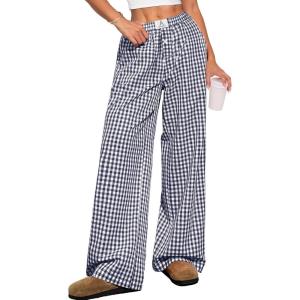 ANRABESS Womens Striped Gingham Pants 2025 Pajama Lounge Boxer Pants Cute Comfy PJ Bottoms with Pockets Y2K Plaid Outfits(Navy Blue White Plaid)