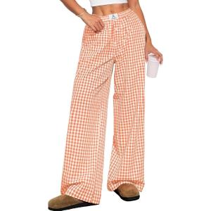 ANRABESS Womens Striped Gingham Pants 2025 Pajama Lounge Boxer Pants Cute Comfy PJ Bottoms with Pockets Y2K Plaid Outfits(Orange White Plaid)