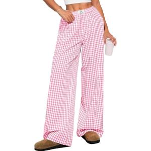 ANRABESS Womens Striped Gingham Pants 2025 Pajama Lounge Boxer Pants Cute Comfy PJ Bottoms with Pockets Y2K Plaid Outfits(Pink White Plaid)