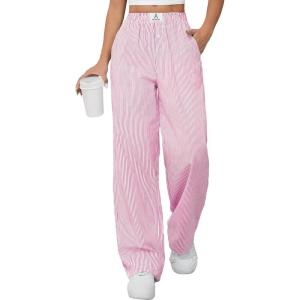 ANRABESS Womens Striped Gingham Pants 2025 Pajama Lounge Boxer Pants Cute Comfy PJ Bottoms with Pockets Y2K Plaid Outfits(Pink White Stripe)