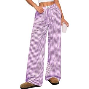 ANRABESS Womens Striped Gingham Pants 2025 Pajama Lounge Boxer Pants Cute Comfy PJ Bottoms with Pockets Y2K Plaid Outfits(Purple White Plaid)