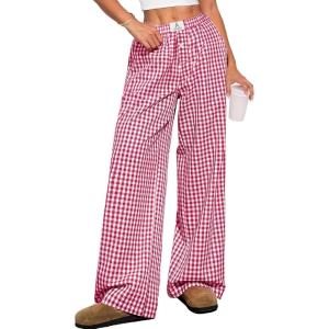 ANRABESS Womens Striped Gingham Pants 2025 Pajama Lounge Boxer Pants Cute Comfy PJ Bottoms with Pockets Y2K Plaid Outfits(Red White Plaid)
