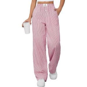 ANRABESS Womens Striped Gingham Pants 2025 Pajama Lounge Boxer Pants Cute Comfy PJ Bottoms with Pockets Y2K Plaid Outfits(Red White Stripe)