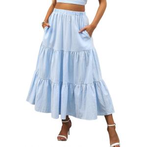 ANRABESS Women’s Summer Boho Flowy Swing Tiered A-Line Maxi Skirt 2025 Fashion Trendy Elastic Waist Pleated Long Beach Dress(Blue)