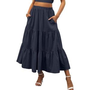 ANRABESS Women’s Summer Boho Flowy Swing Tiered A-Line Maxi Skirt 2025 Fashion Trendy Elastic Waist Pleated Long Beach Dress(Dark Navy Blue)