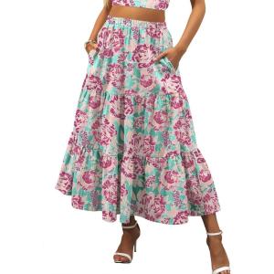 ANRABESS Women’s Summer Boho Flowy Swing Tiered A-Line Maxi Skirt 2025 Fashion Trendy Elastic Waist Pleated Long Beach Dress(Floral 03)