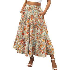 ANRABESS Women’s Summer Boho Flowy Swing Tiered A-Line Maxi Skirt 2025 Fashion Trendy Elastic Waist Pleated Long Beach Dress(Floral Orange Red)