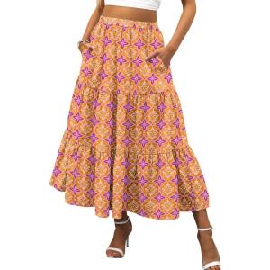 ANRABESS Women’s Summer Boho Flowy Swing Tiered A-Line Maxi Skirt 2025 Fashion Trendy Elastic Waist Pleated Long Beach Dress(Floral Yellow Purple)