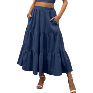 ANRABESS Women’s Summer Boho Flowy Swing Tiered A-Line Maxi Skirt 2025 Fashion Trendy Elastic Waist Pleated Long Beach Dress(Navy Blue)