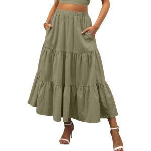 ANRABESS Women’s Summer Boho Flowy Swing Tiered A-Line Maxi Skirt 2025 Fashion Trendy Elastic Waist Pleated Long Beach Dress(Olive)