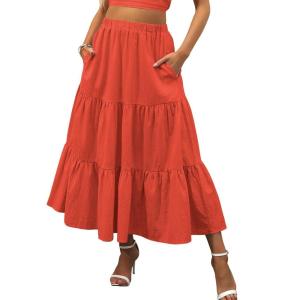 ANRABESS Women’s Summer Boho Flowy Swing Tiered A-Line Maxi Skirt 2025 Fashion Trendy Elastic Waist Pleated Long Beach Dress(Orange)