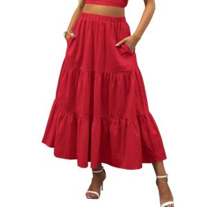 ANRABESS Women’s Summer Boho Flowy Swing Tiered A-Line Maxi Skirt 2025 Fashion Trendy Elastic Waist Pleated Long Beach Dress(Red)