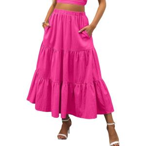 ANRABESS Women’s Summer Boho Flowy Swing Tiered A-Line Maxi Skirt 2025 Fashion Trendy Elastic Waist Pleated Long Beach Dress(Rose)
