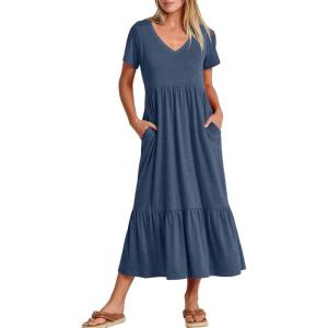 ANRABESS Women’s Summer Casual Short Sleeve T Shirts Maxi Dress Flowy V Neck Tiered Beach Vacation Sundress 2025 Outfits(Blue)