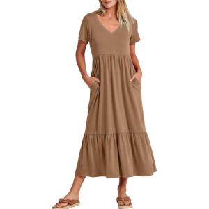 ANRABESS Women’s Summer Casual Short Sleeve T Shirts Maxi Dress Flowy V Neck Tiered Beach Vacation Sundress 2025 Outfits(Light Brown)