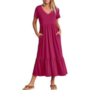 ANRABESS Women’s Summer Casual Short Sleeve T Shirts Maxi Dress Flowy V Neck Tiered Beach Vacation Sundress 2025 Outfits(Rose Hot Pink)