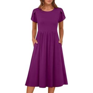 ANRABESS Women’s Summer Short Sleeve A-Line Midi Dresses Casual Floral T-Shirt Dresses Flowy Beach Sundress with Pockets(Dark Purple)