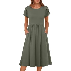 ANRABESS Women’s Summer Short Sleeve A-Line Midi Dresses Casual Floral T-Shirt Dresses Flowy Beach Sundress with Pockets(Olive)