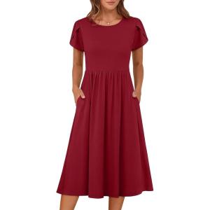 ANRABESS Women’s Summer Short Sleeve A-Line Midi Dresses Casual Floral T-Shirt Dresses Flowy Beach Sundress with Pockets(Red)