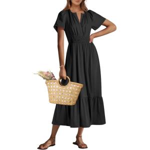 ANRABESS Women’s Summer Short Sleeve Maxi Dress 2025 Casual V Neck High Waist A-Line Flowy Loose Tiered Boho Long Dresses(Black)