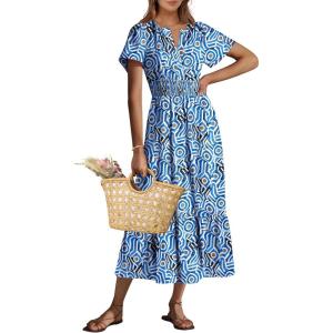 ANRABESS Women’s Summer Short Sleeve Maxi Dress 2025 Casual V Neck High Waist A-Line Flowy Loose Tiered Boho Long Dresses(Blue Geometry)