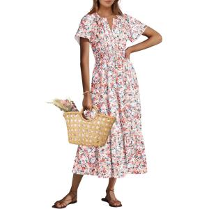 ANRABESS Women’s Summer Short Sleeve Maxi Dress 2025 Casual V Neck High Waist A-Line Flowy Loose Tiered Boho Long Dresses(Deep Pink Floral)
