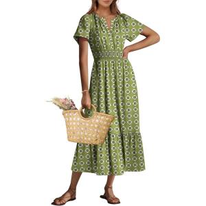 ANRABESS Women’s Summer Short Sleeve Maxi Dress 2025 Casual V Neck High Waist A-Line Flowy Loose Tiered Boho Long Dresses(Green Geometry)