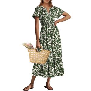 ANRABESS Women’s Summer Short Sleeve Maxi Dress 2025 Casual V Neck High Waist A-Line Flowy Loose Tiered Boho Long Dresses(Green Note)