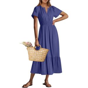 ANRABESS Women’s Summer Short Sleeve Maxi Dress 2025 Casual V Neck High Waist A-Line Flowy Loose Tiered Boho Long Dresses(Navy Blue)