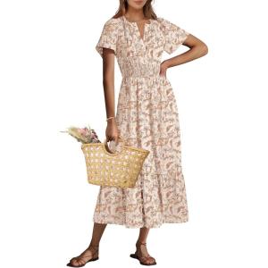ANRABESS Women’s Summer Short Sleeve Maxi Dress 2025 Casual V Neck High Waist A-Line Flowy Loose Tiered Boho Long Dresses(Print Floral Brown)