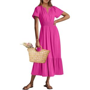 ANRABESS Women’s Summer Short Sleeve Maxi Dress 2025 Casual V Neck High Waist A-Line Flowy Loose Tiered Boho Long Dresses(Red)