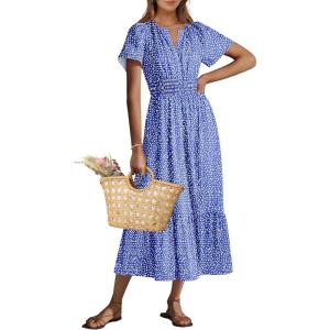 ANRABESS Women’s Summer Short Sleeve Maxi Dress 2025 Casual V Neck High Waist A-Line Flowy Loose Tiered Boho Long Dresses(Royal Blue Floral)