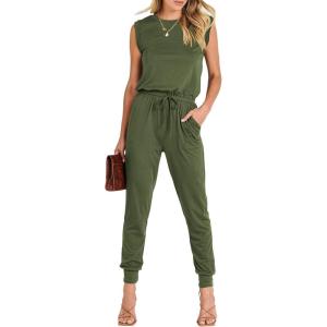 ANRABESS Womens Summer Sleeveless Jumpsuits Casual Dressy Stretchy Crewneck Rompers One Piece Outfits Fall Fashion 2025(Army Green)
