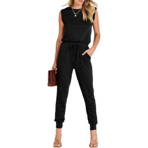 ANRABESS Womens Summer Sleeveless Jumpsuits Casual Dressy Stretchy Crewneck Rompers One Piece Outfits Fall Fashion 2025(Black)