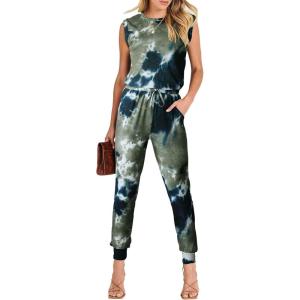 ANRABESS Womens Summer Sleeveless Jumpsuits Casual Dressy Stretchy Crewneck Rompers One Piece Outfits Fall Fashion 2025(Tie Dye Armygreen)