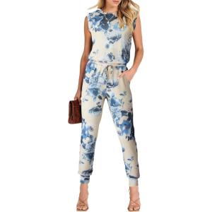 ANRABESS Womens Summer Sleeveless Jumpsuits Casual Dressy Stretchy Crewneck Rompers One Piece Outfits Fall Fashion 2025(Tie Dye Yellow)